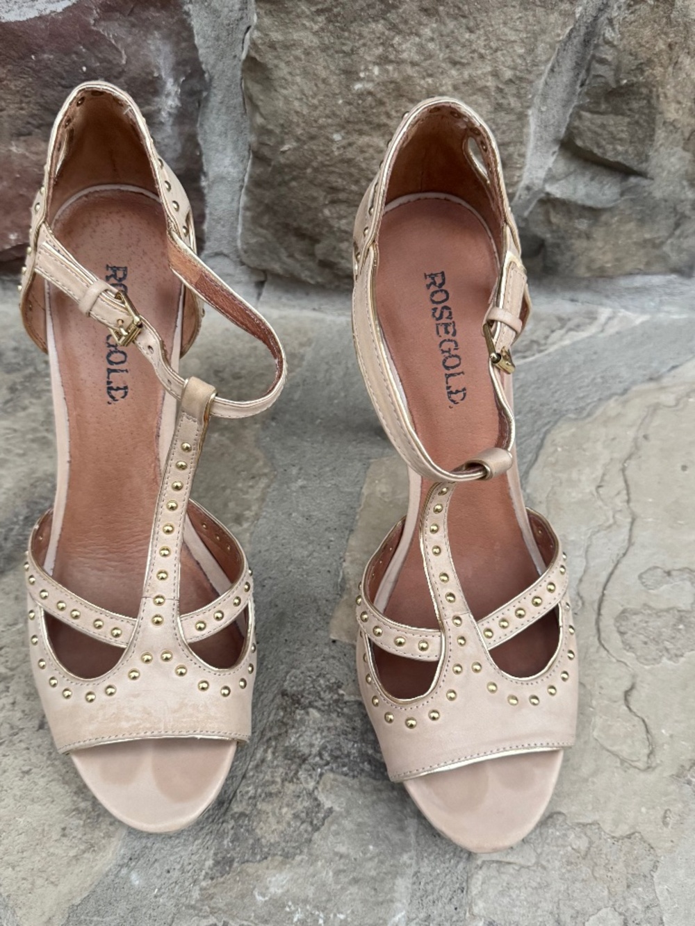 ROSE GOLD Studded T-Strap Heels – Size 8.5 ✨